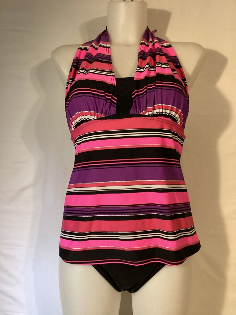 1569 NWT Bikini Bay M/M 74T PPST 3 Way Tankini Black/Pink/Purple Stripe Size 6